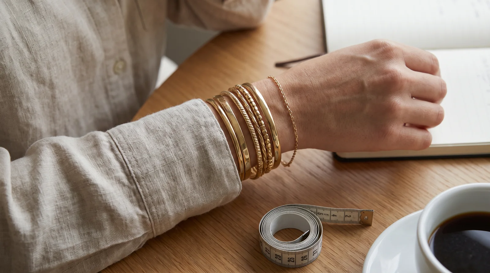 Selection of 18k gold bracelets displayed to show style options for everyday wear