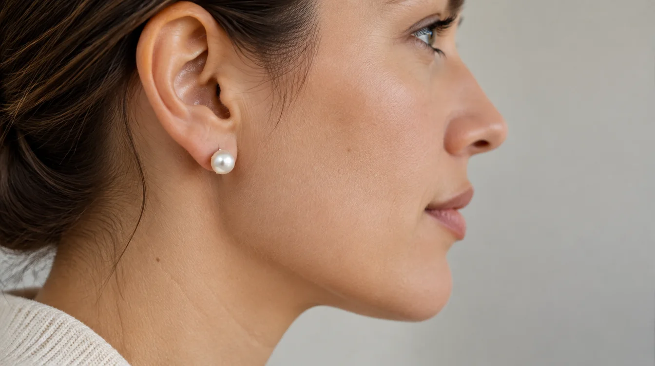 Side view of an intact pearl stud leaning forward on an adult’s earlobe.
