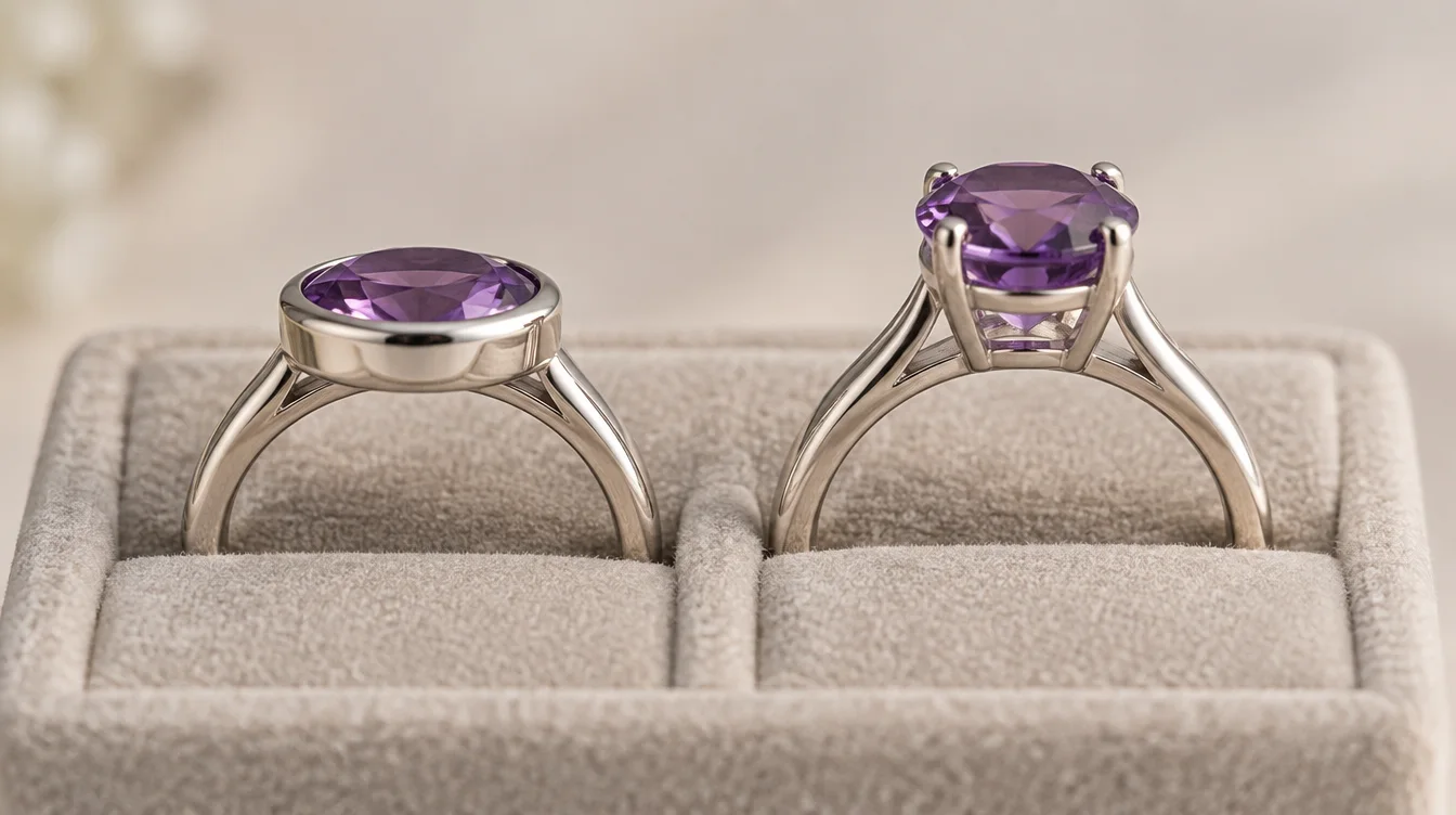 Side profiles of a low bezel amethyst ring and a taller prong set amethyst ring.