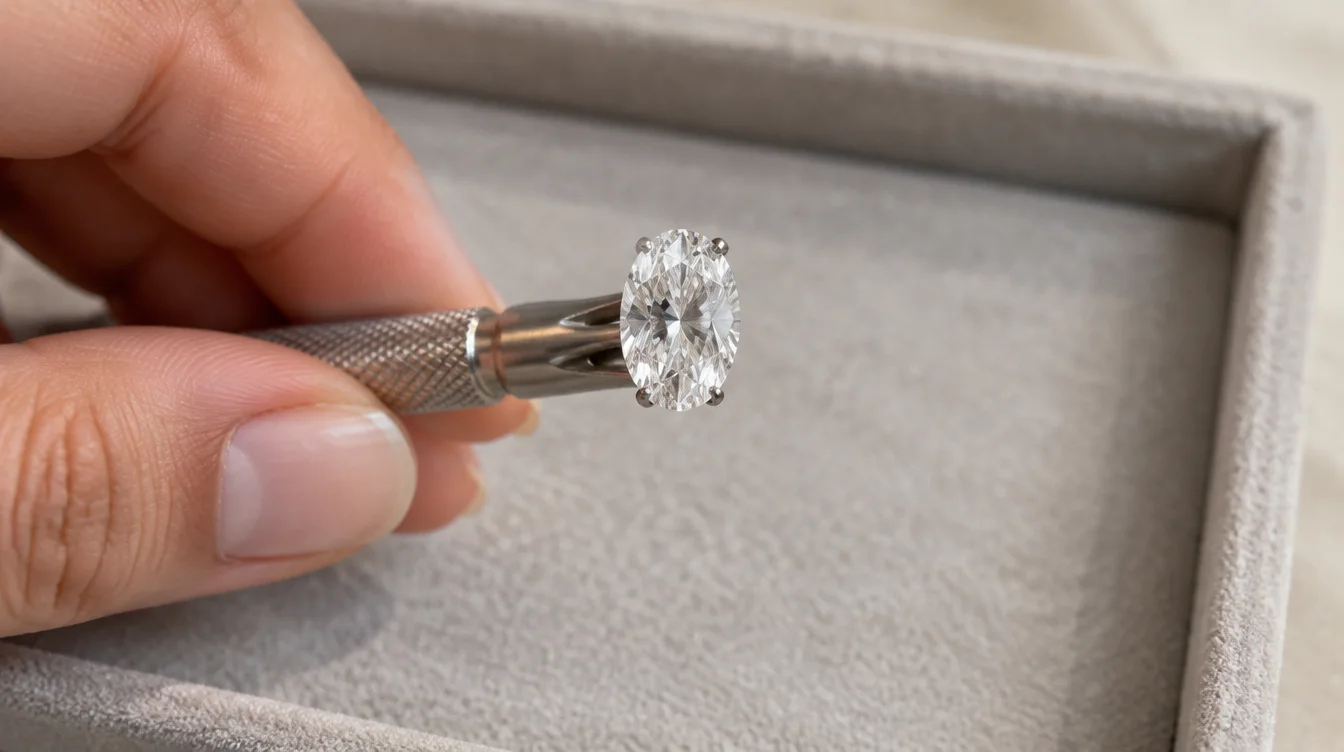 Jeweler gently tilting an oval diamond in a secure holder above a padded tray