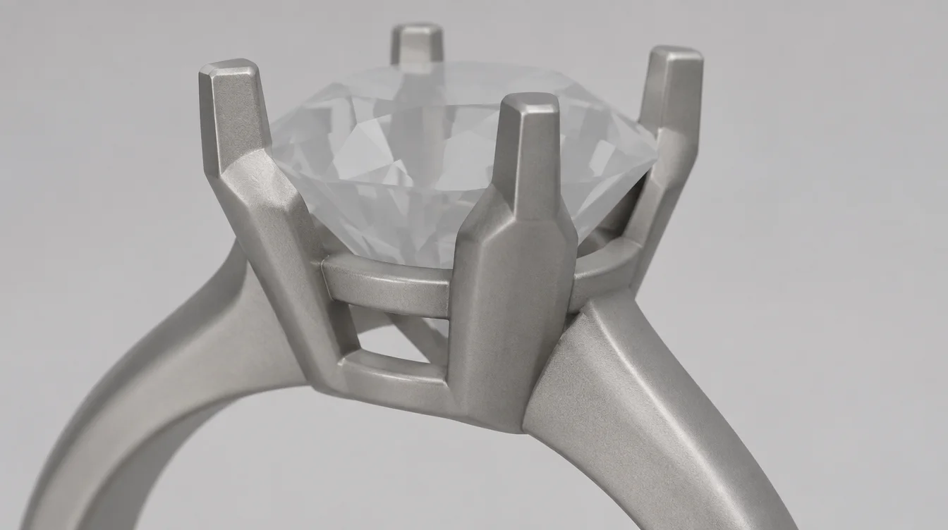 Close CAD view of substantial prong bases and upright unfinished tips around a translucent stone placeholder.