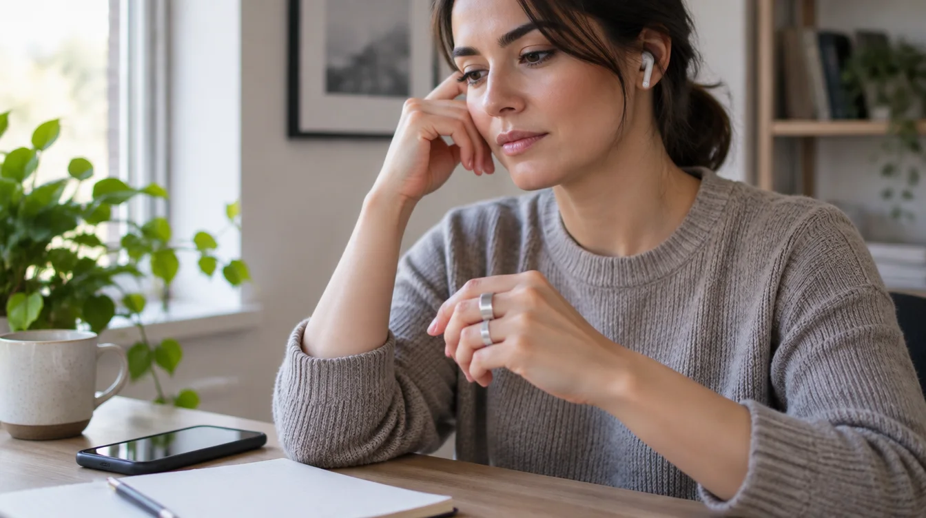 An adult lightly turns a silver ring while listening during a phone call.