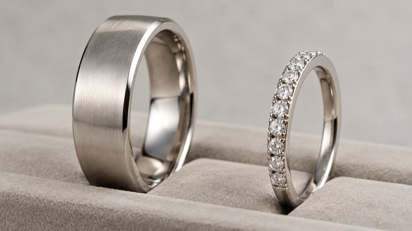 Side profiles of a wide plain platinum band and a narrow diamond band show their different structures.