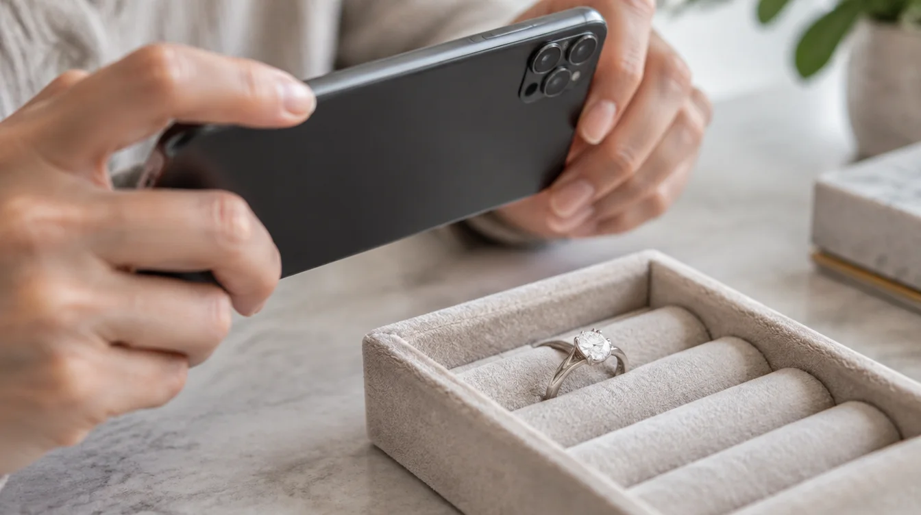 Owner photographing the band and setting of a supported diamond ring before handover