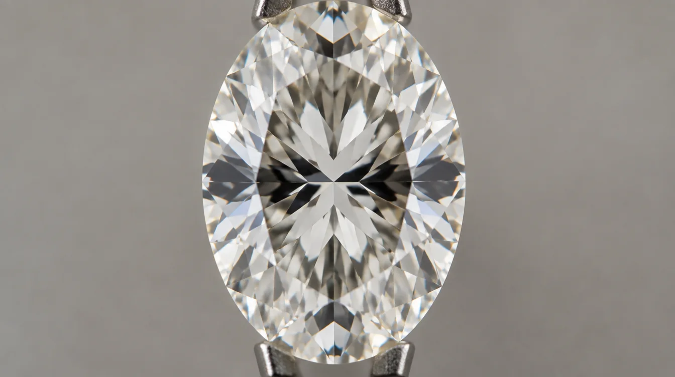 Face up macro view of an oval diamond showing dark central facets in a bow tie pattern