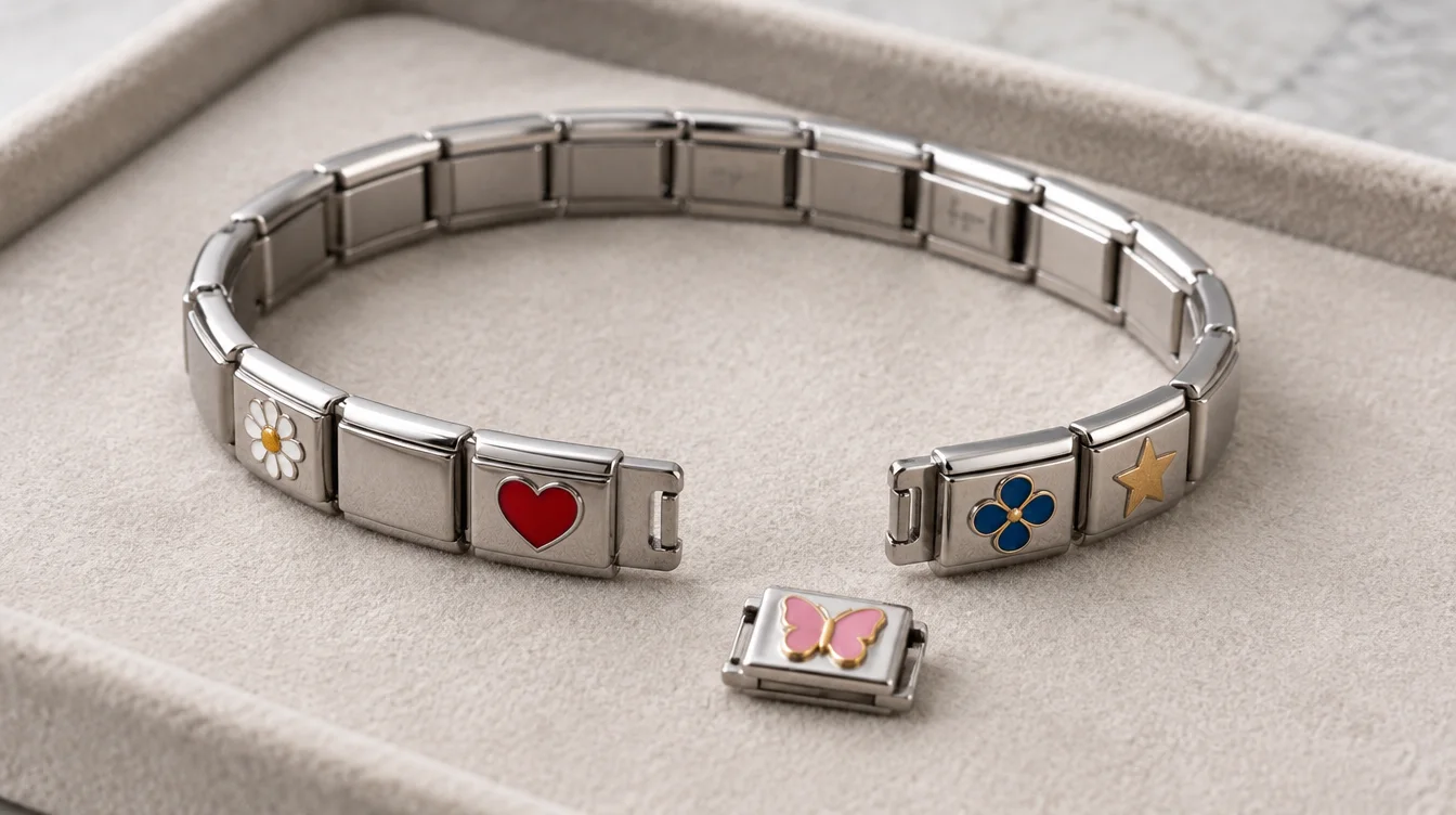 An open modular charm bracelet beside a detached decorated link aligned with the band.