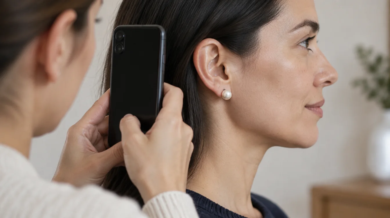 A person photographs the side profile of a pearl stud while the wearer keeps their head level.