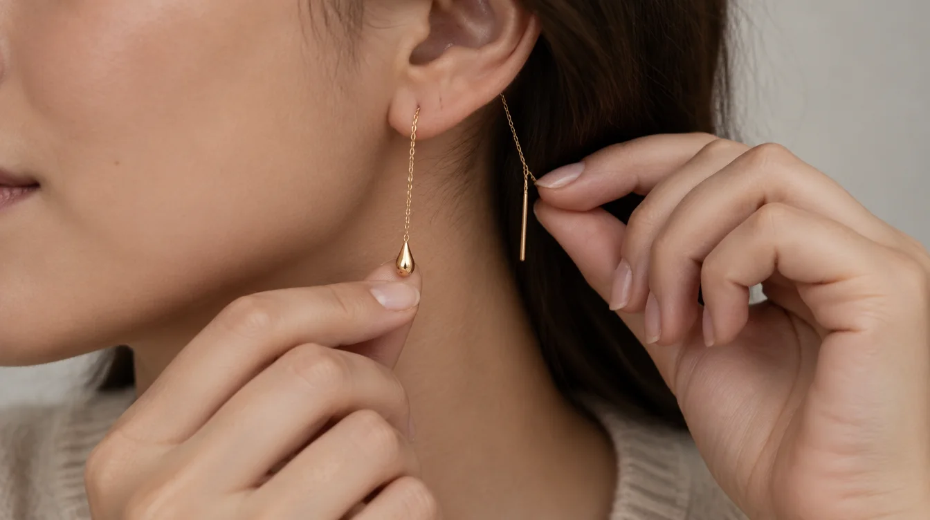 Hands steady the front charm and rear chain tail while adjusting a threader earring’s drop