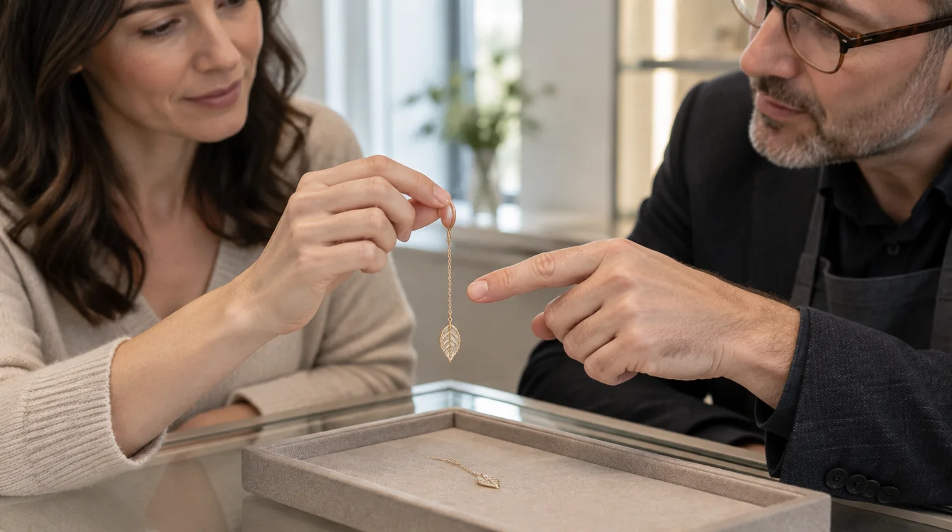 Owner and jeweler discussing the chain length of matching leaf drop earrings