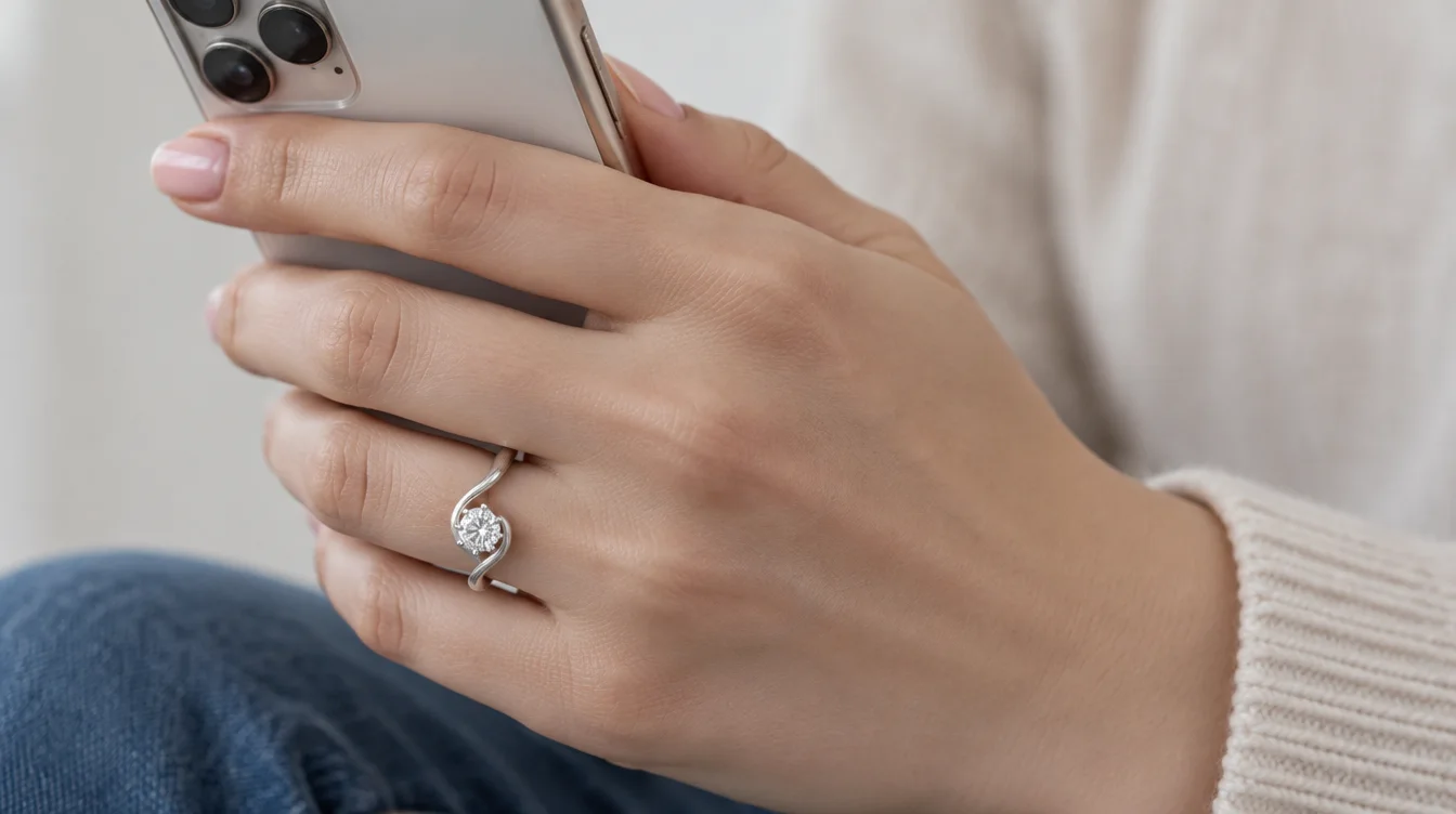 Hand wearing a bypass ring loosely holds a phone, showing the shoulders beside neighboring fingers.