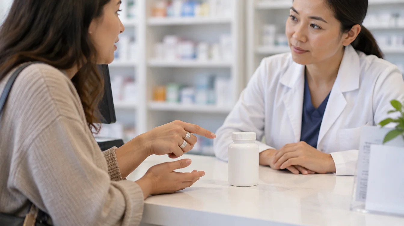 An adult wearing a silver ring discusses a sealed bottle with a pharmacist.