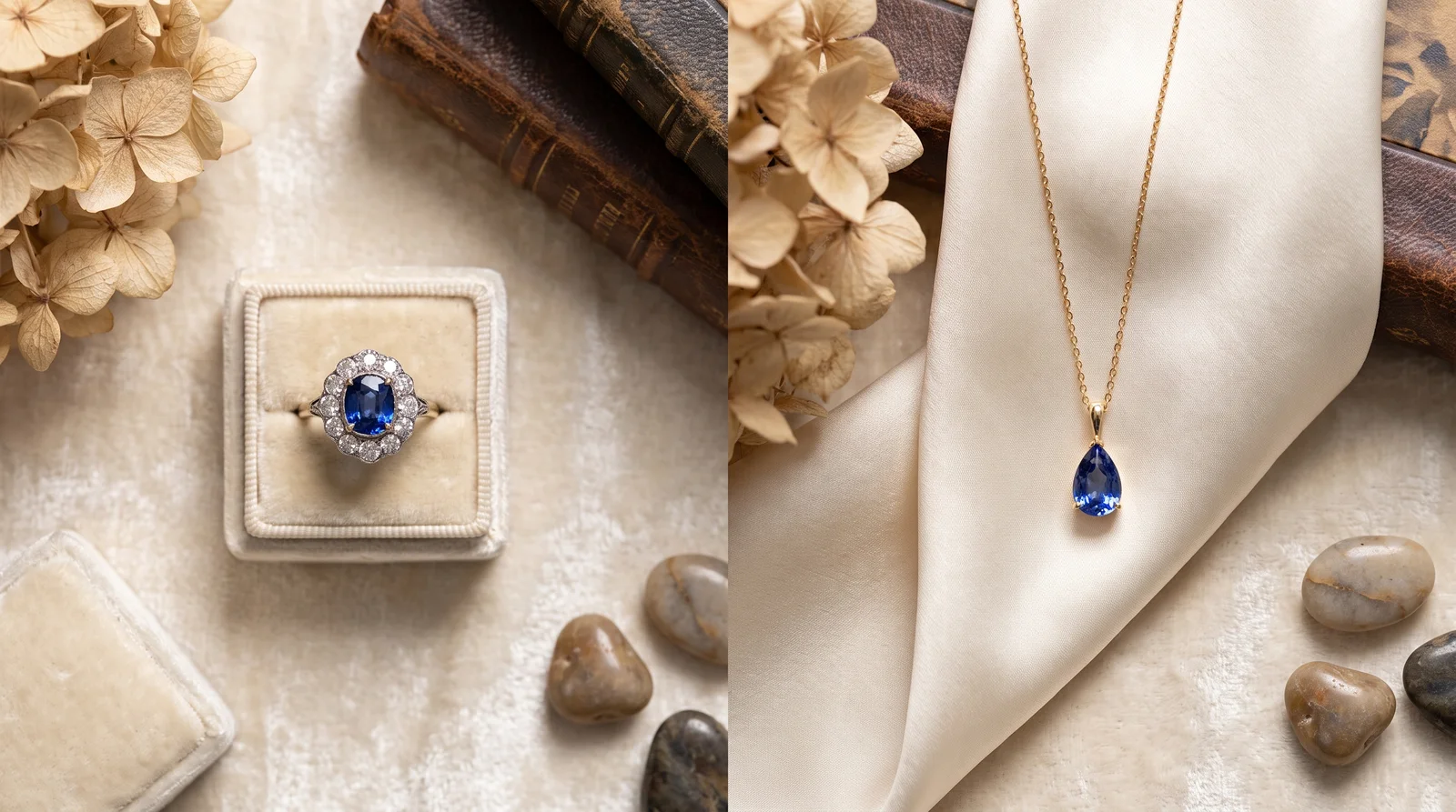 Sapphire ring and sapphire necklace displayed side by side