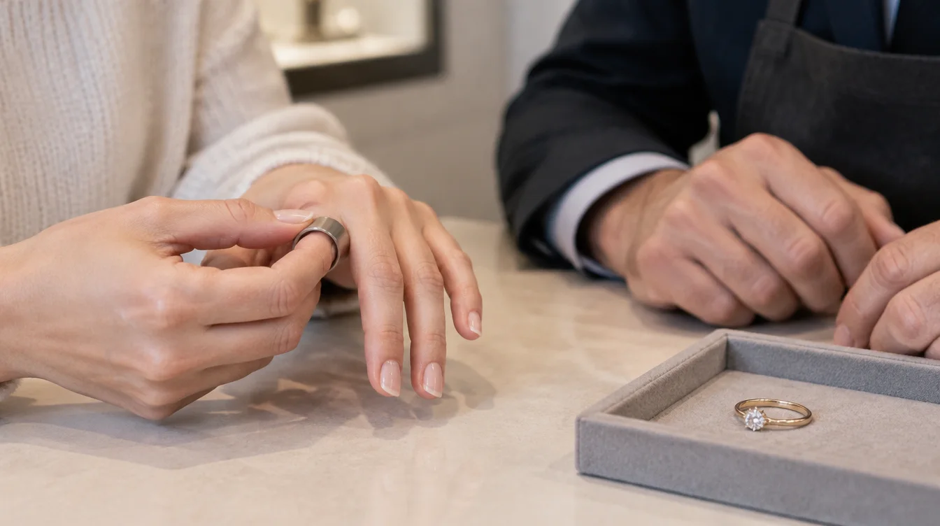 Buyer trying a sizing ring while a jeweler checks the fit beside a gold engagement ring