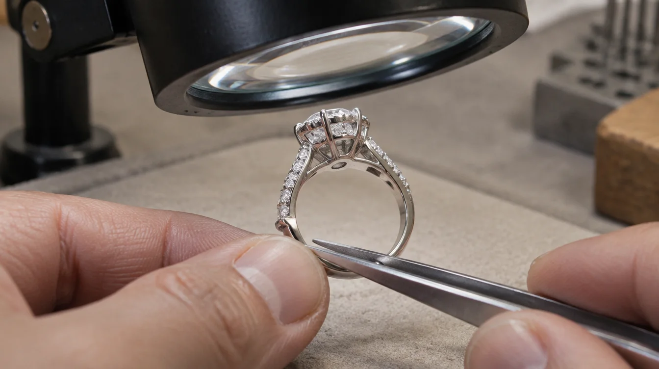 Jeweler examines a ring's lower shank and side stone settings beneath a magnifier.
