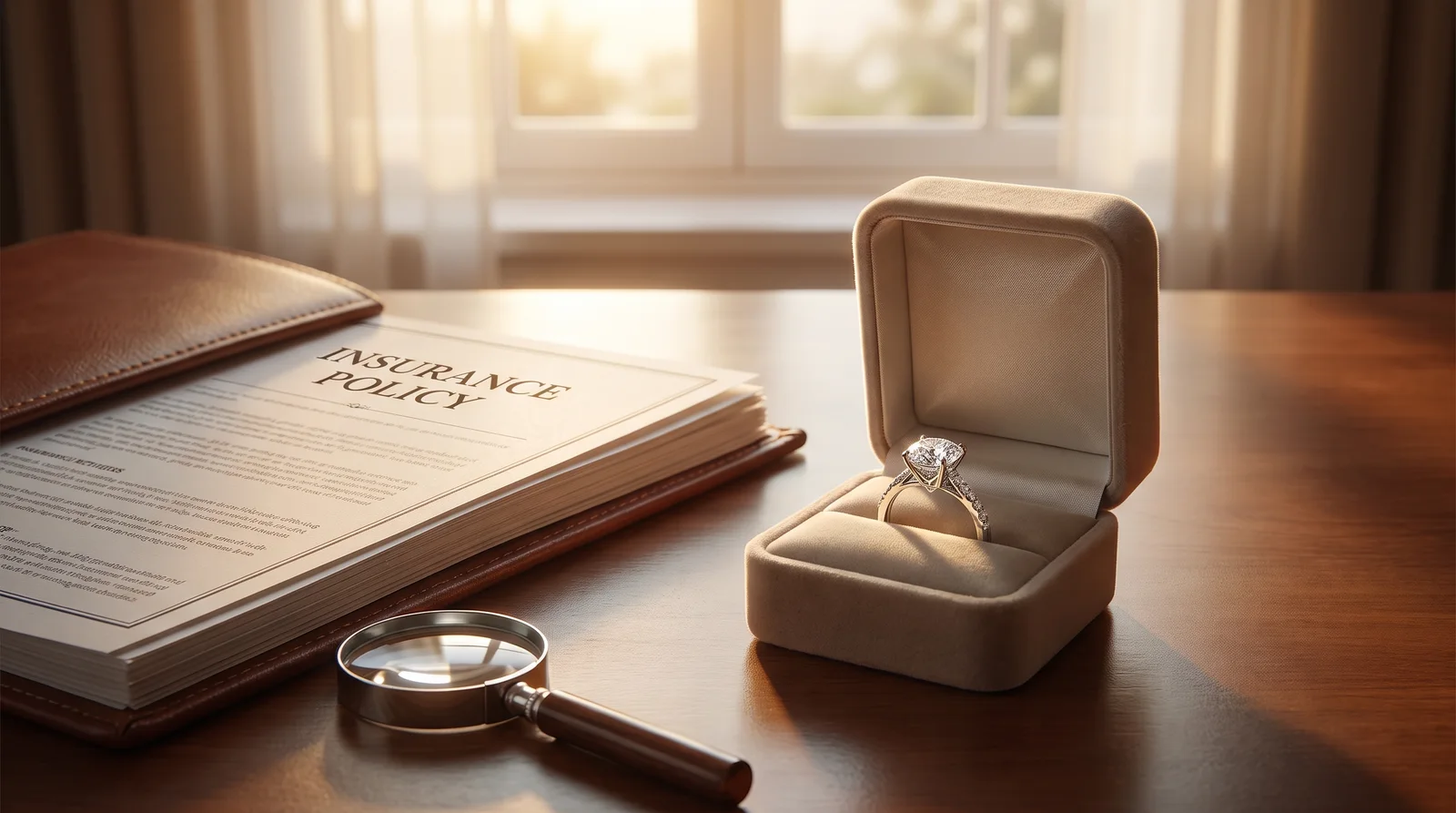 Engagement ring on display with insurance documentation and cost comparison charts
