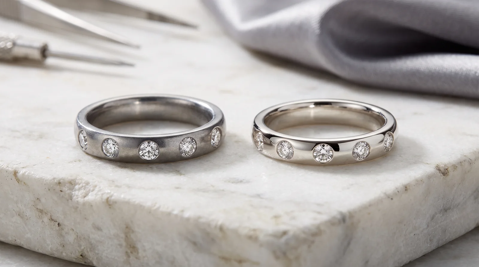 White gold vs platinum wedding band comparison showing platinum's soft grey tone and white gold's bright shine