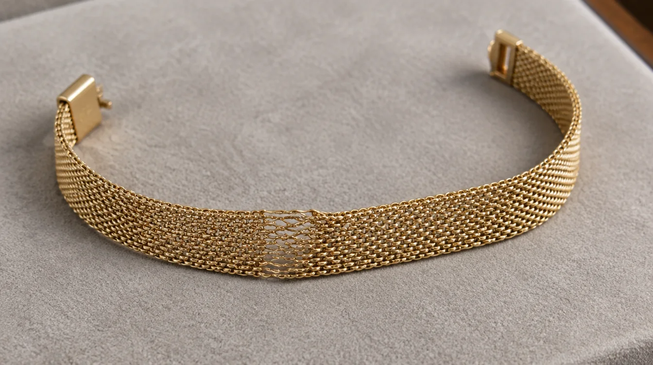 Metal mesh bracelet resting on a bench mat with one visibly distorted area.