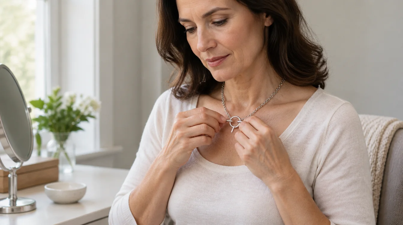 Seated adult guiding a toggle bar through its ring at the front of a necklace.