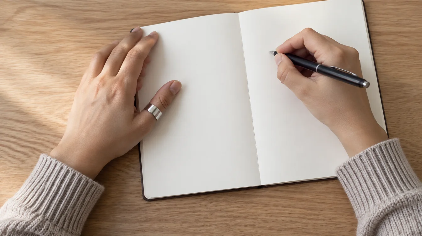 A person holds a pen in the right hand while a ring rests on the left thumb