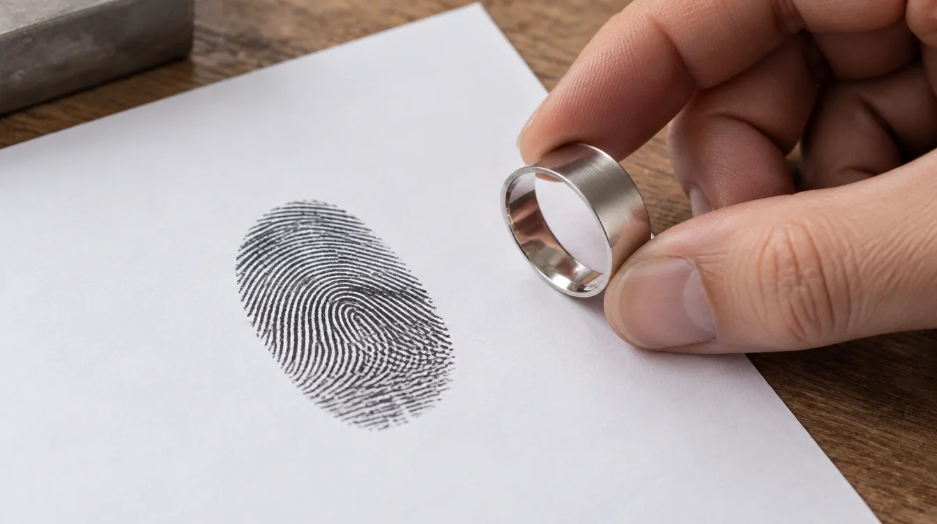 An unengraved metal band held beside a complete ink fingerprint on white paper