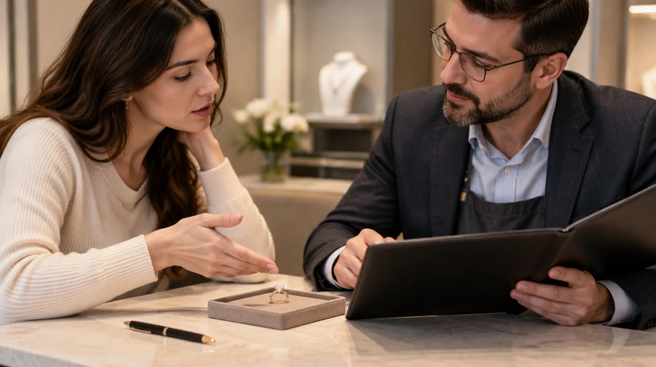 Buyer asking a jeweler a final question before approving an order for a gold engagement ring