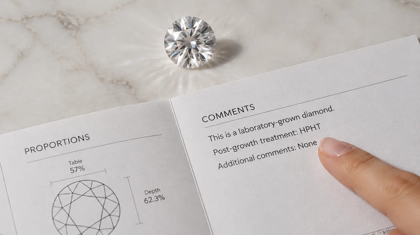 Lab-grown diamond and grading report showing post-growth treatment notation in comments section