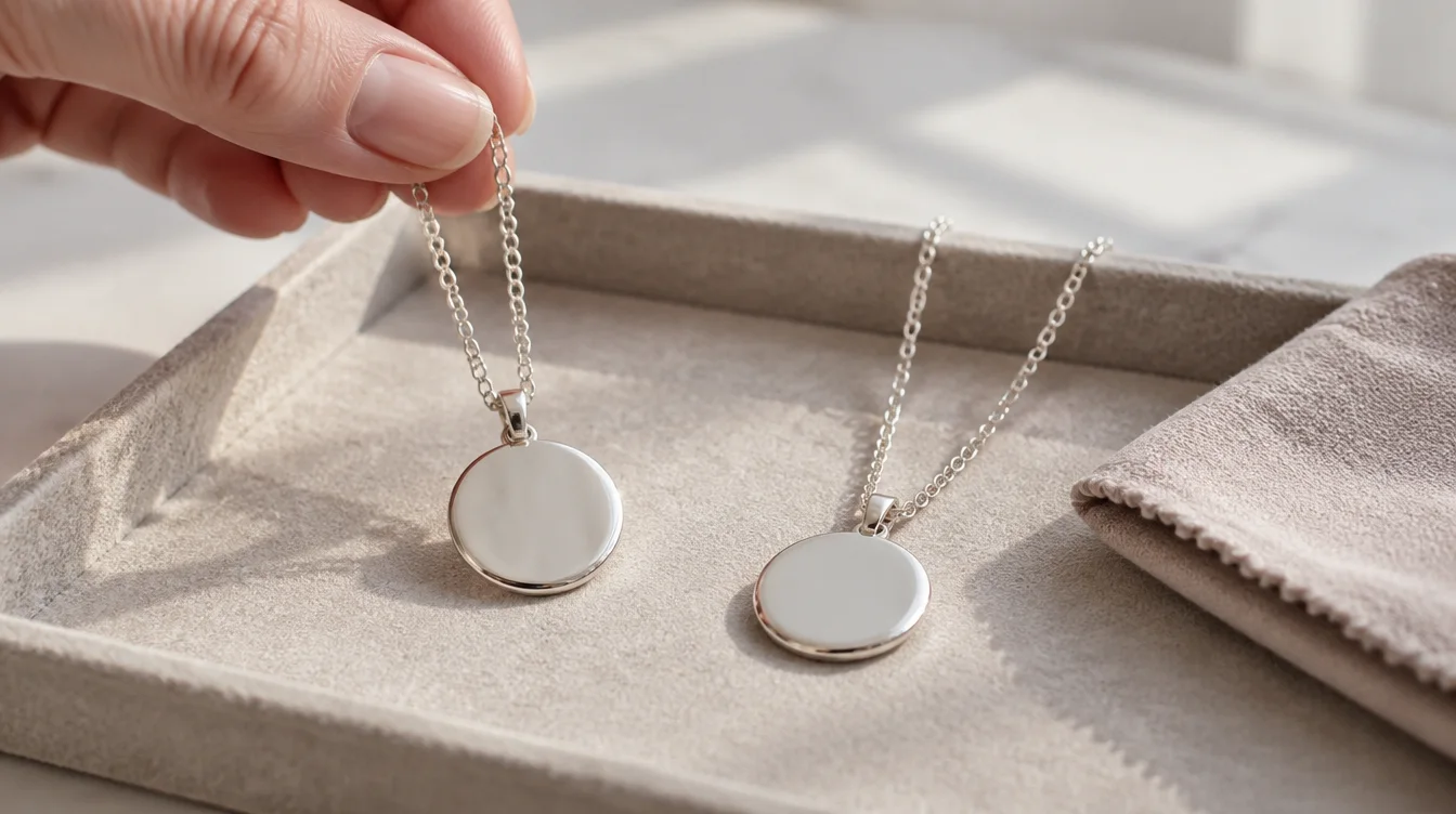 A shopper compares two similar silver pendants beside a soft jewelry cloth.