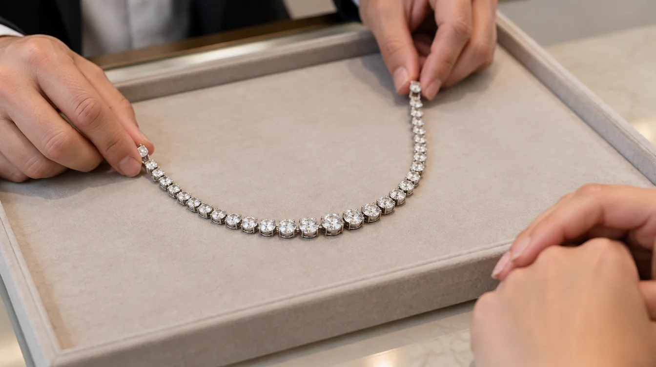Jeweler and owner review the symmetrical layout of a graduated diamond tennis bracelet.
