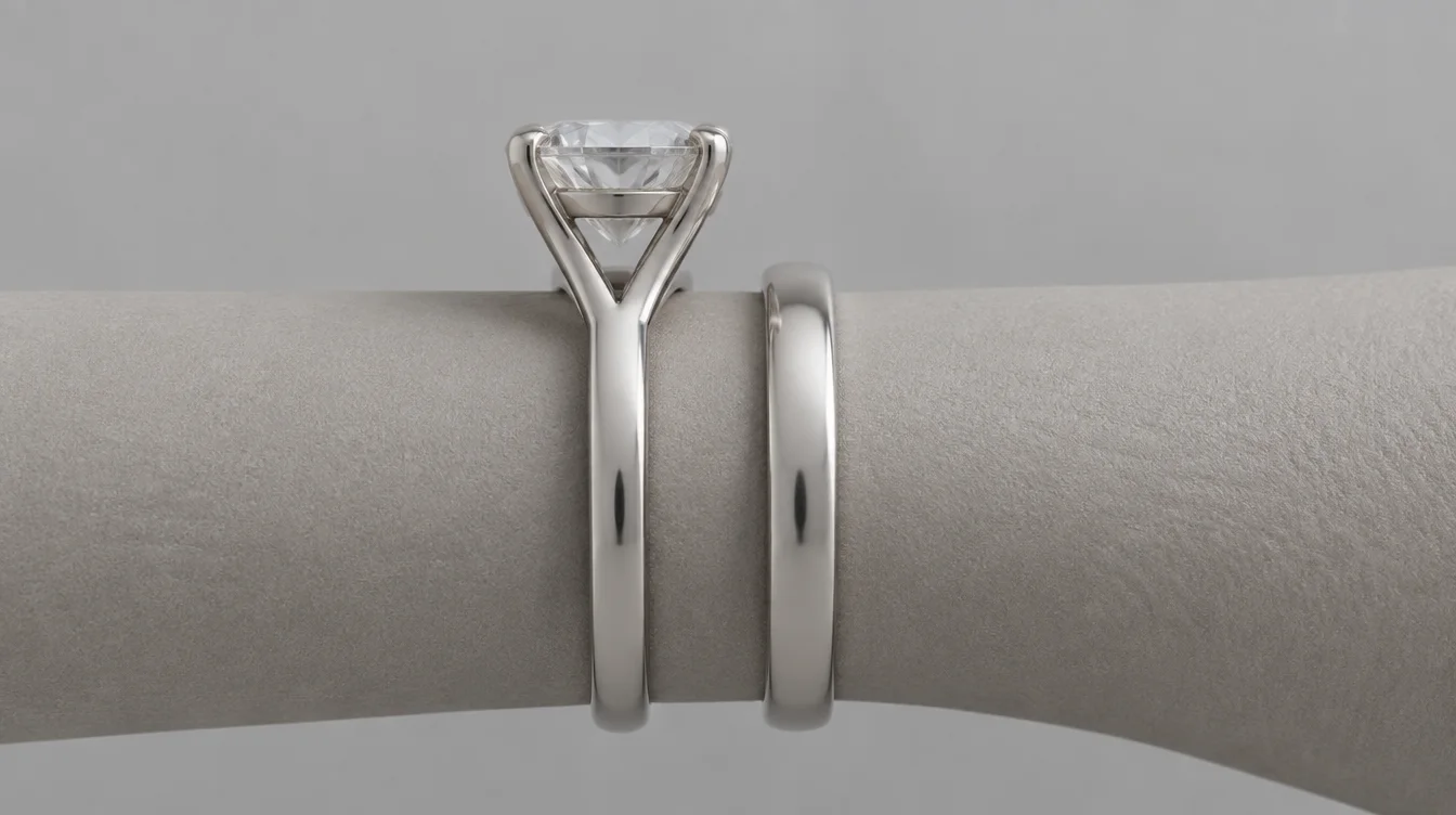 Side view of a solitaire CAD model and straight wedding band showing basket height and a gap between the rings.