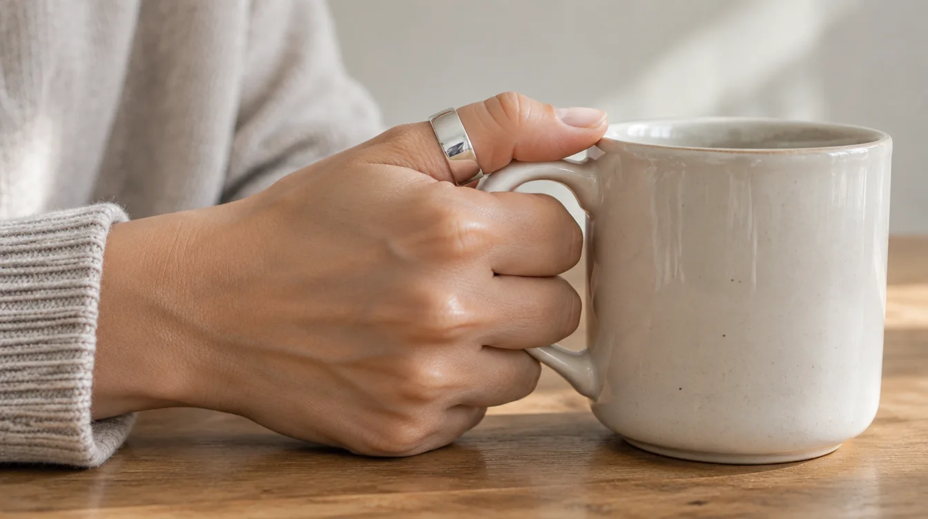 A hand wearing a thumb band gently holds an empty mug by its handle