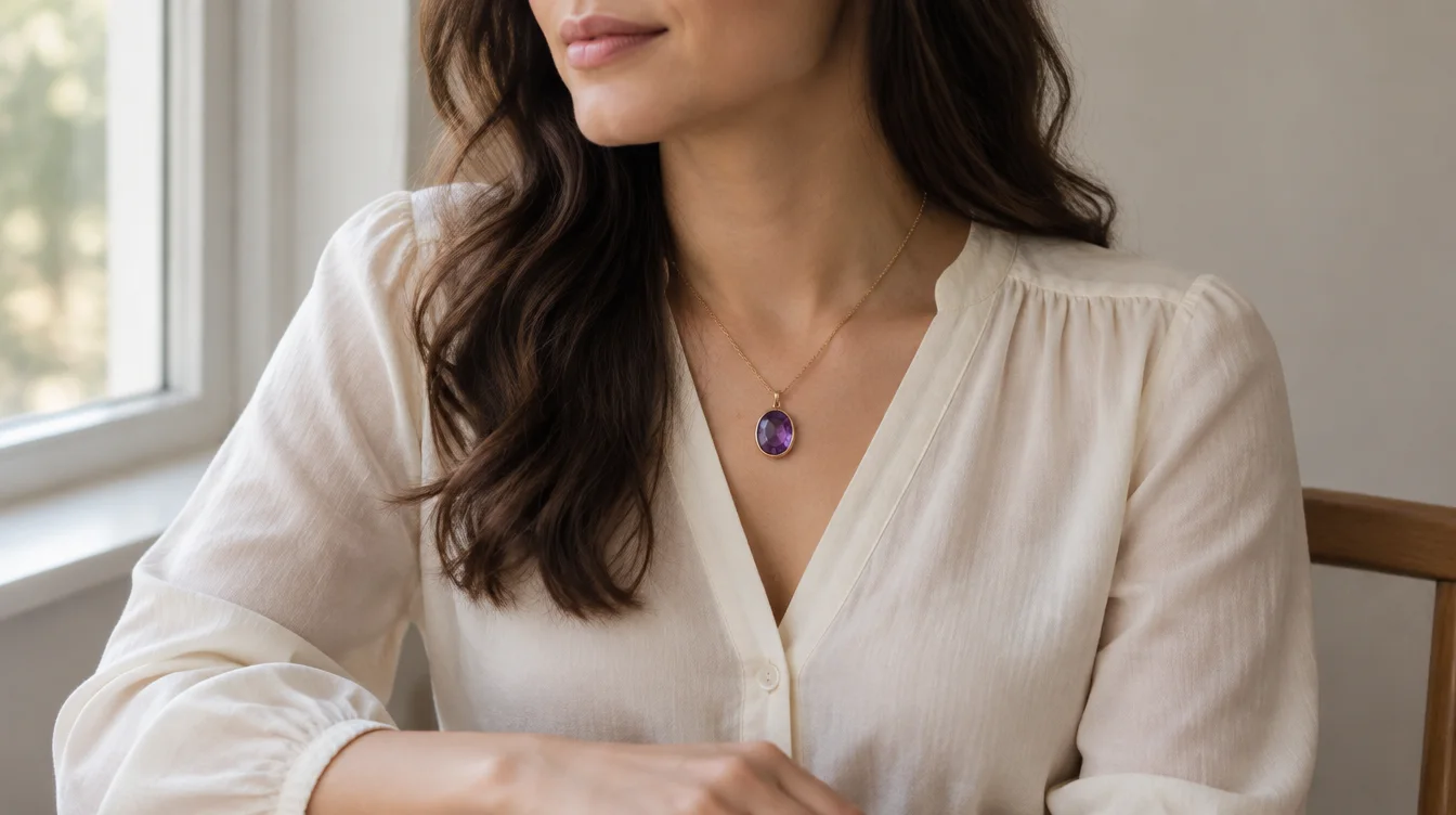 Oval purple amethyst pendant in a gold bezel worn with a cream blouse.