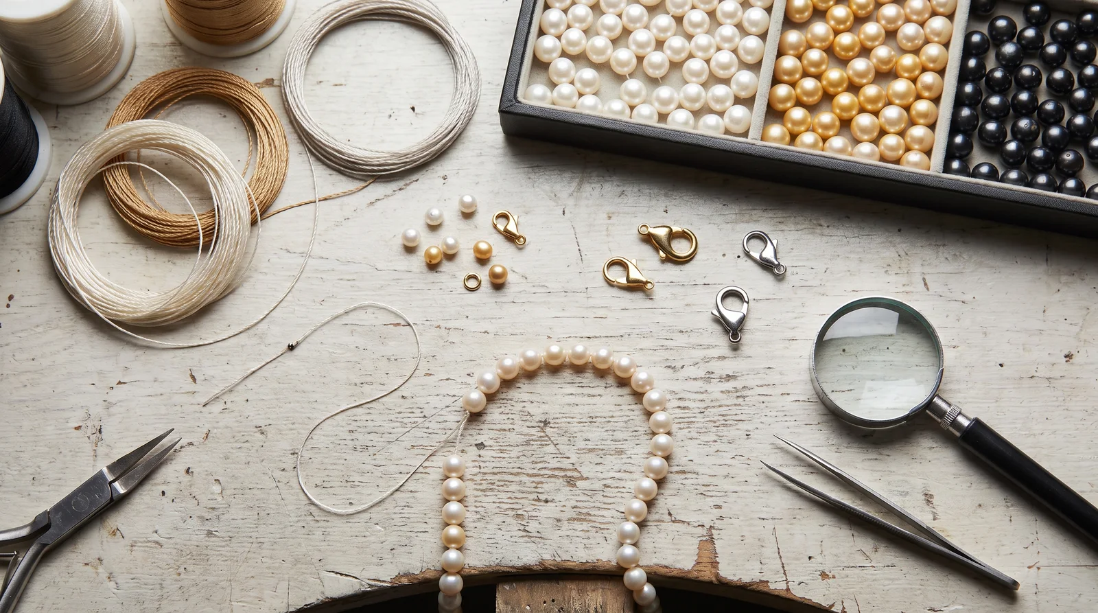 Close-up of pearl necklace clasp and thread quality detail