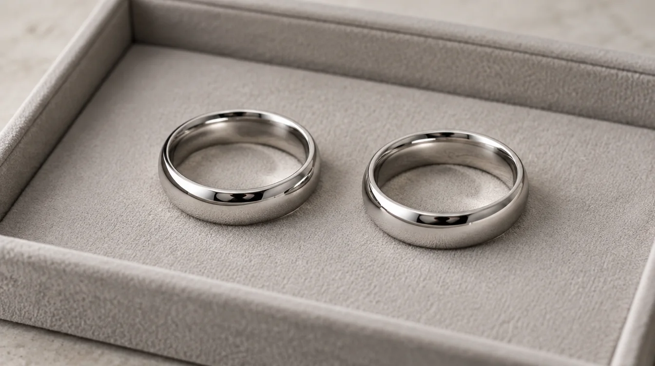 Two plain white metal wedding bands with matching profiles on a jeweler’s tray