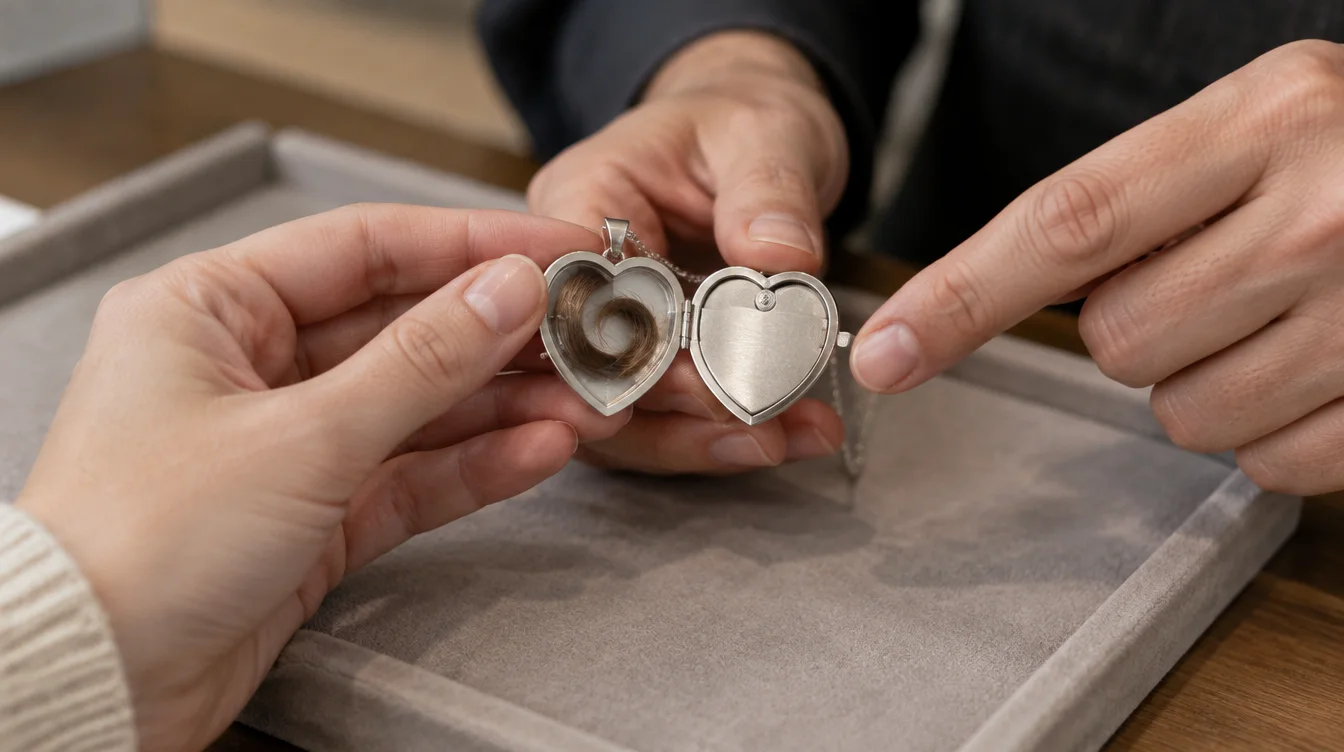 Maker pointing out a separate compartment beside a covered hair recess in an open heart pendant