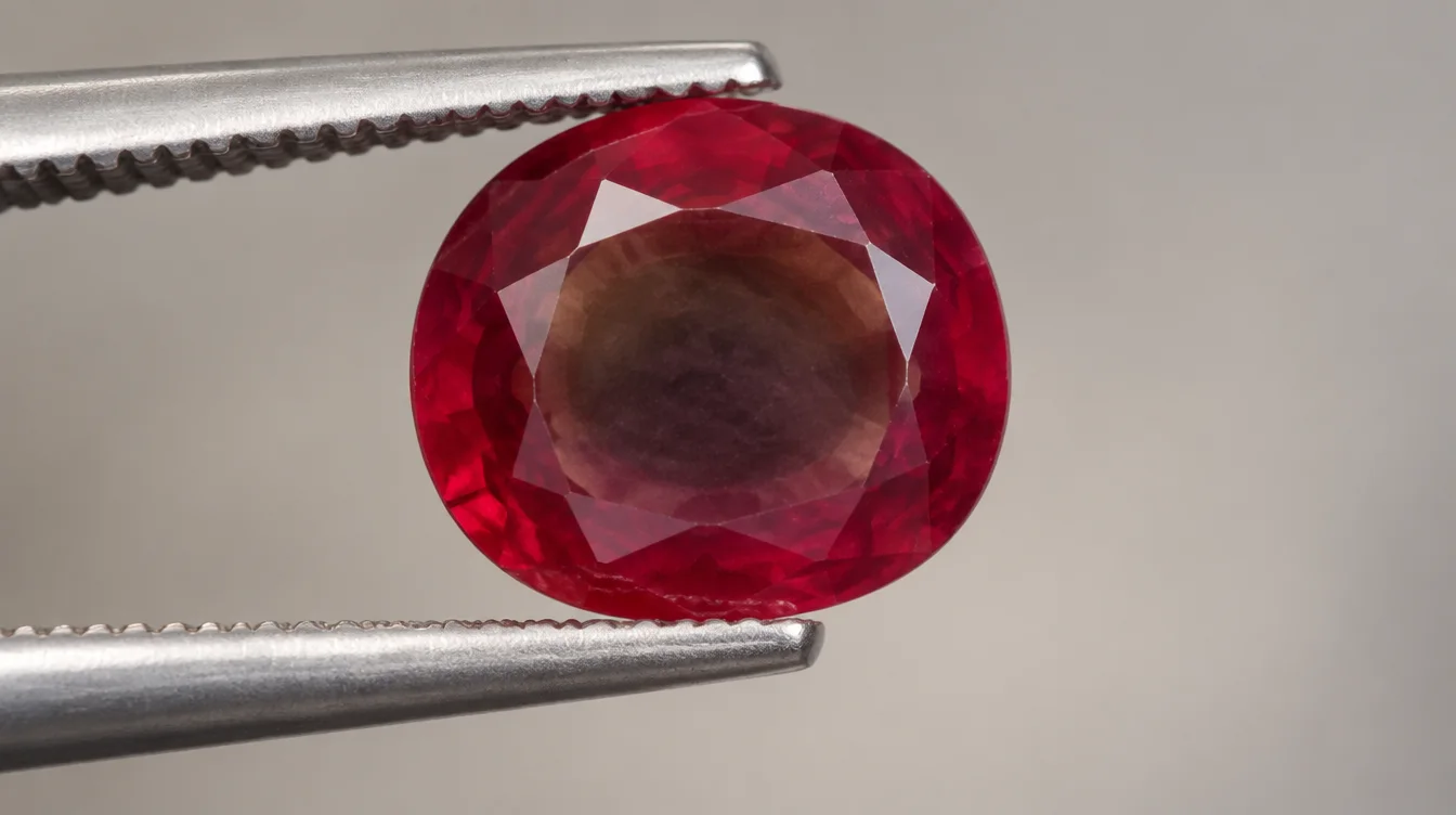 Ruby gemstone showing reddish edges and brownish-gray center from iron content