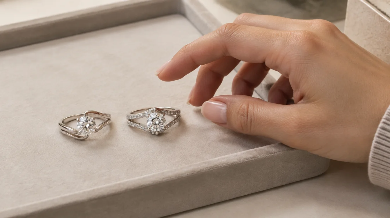 Bypass and split shank rings beside a shopper’s hand on a jeweler’s tray.