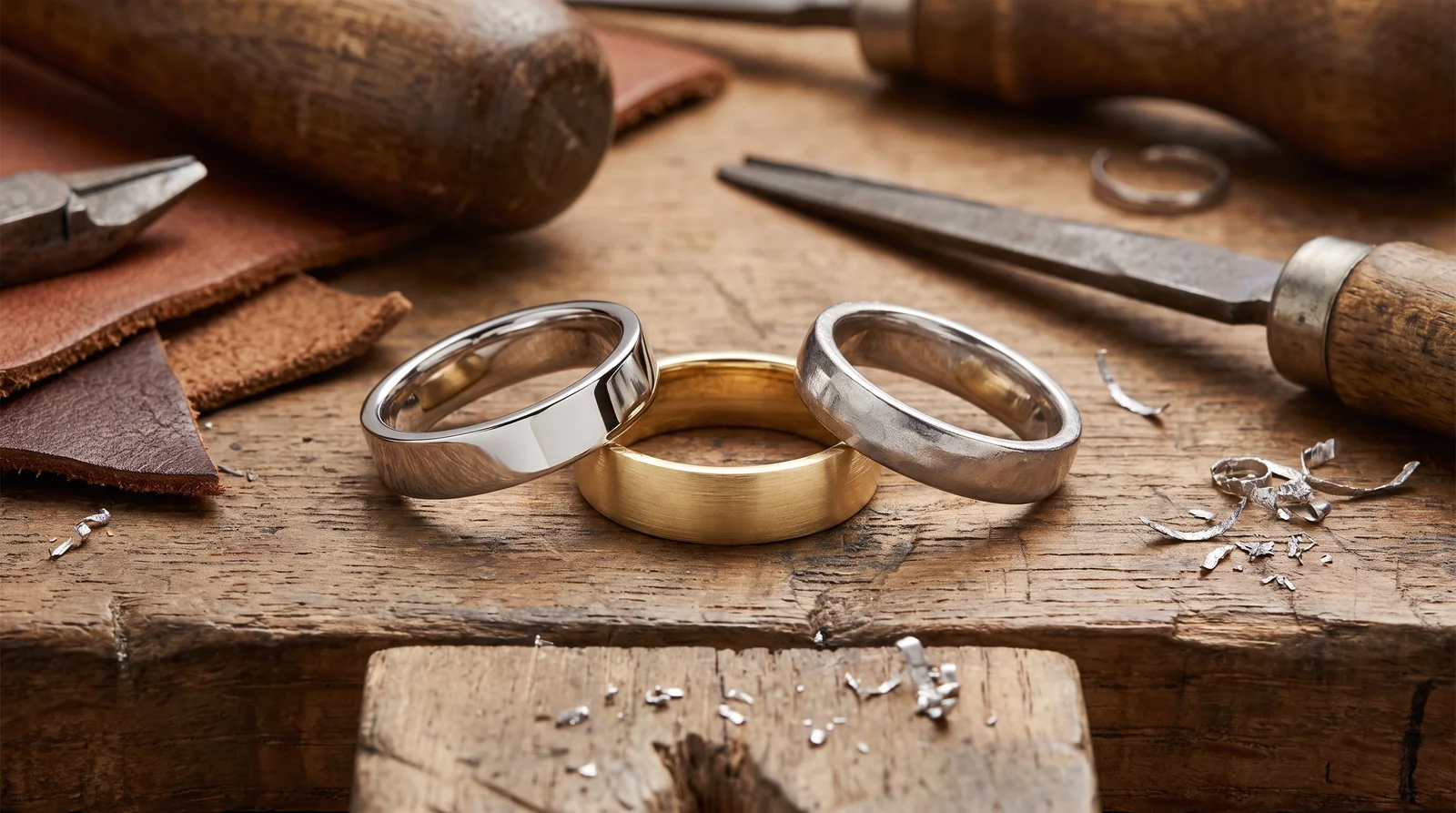 Three men's wedding ring metal samples showing gold, white gold, and platinum bands side by side