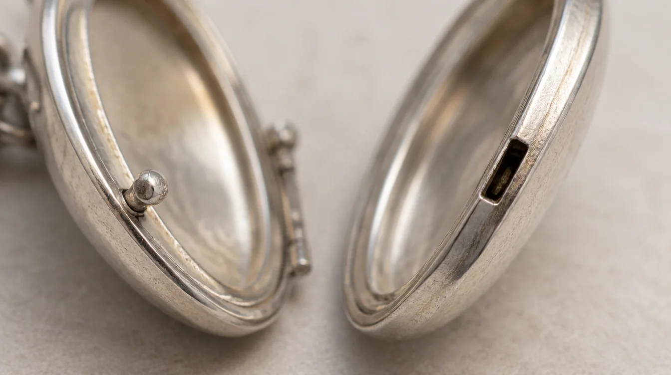 Macro view of a locket’s friction pin and matching slot with the two halves slightly apart.