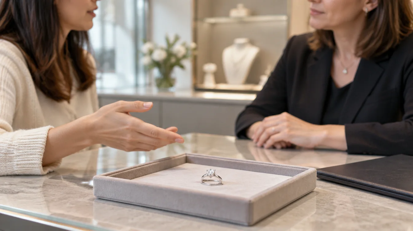 Owner and jeweler discussing an intact diamond ring on a padded consultation tray