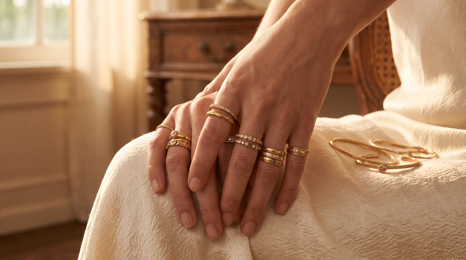 Woman's hand stacked with layered gold rings, showing how to wear gold jewelry in trendy combinations