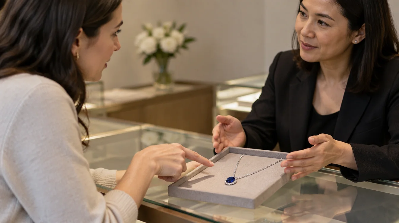 Shopper asking a jewelry seller about a blue stone pendant at a counter