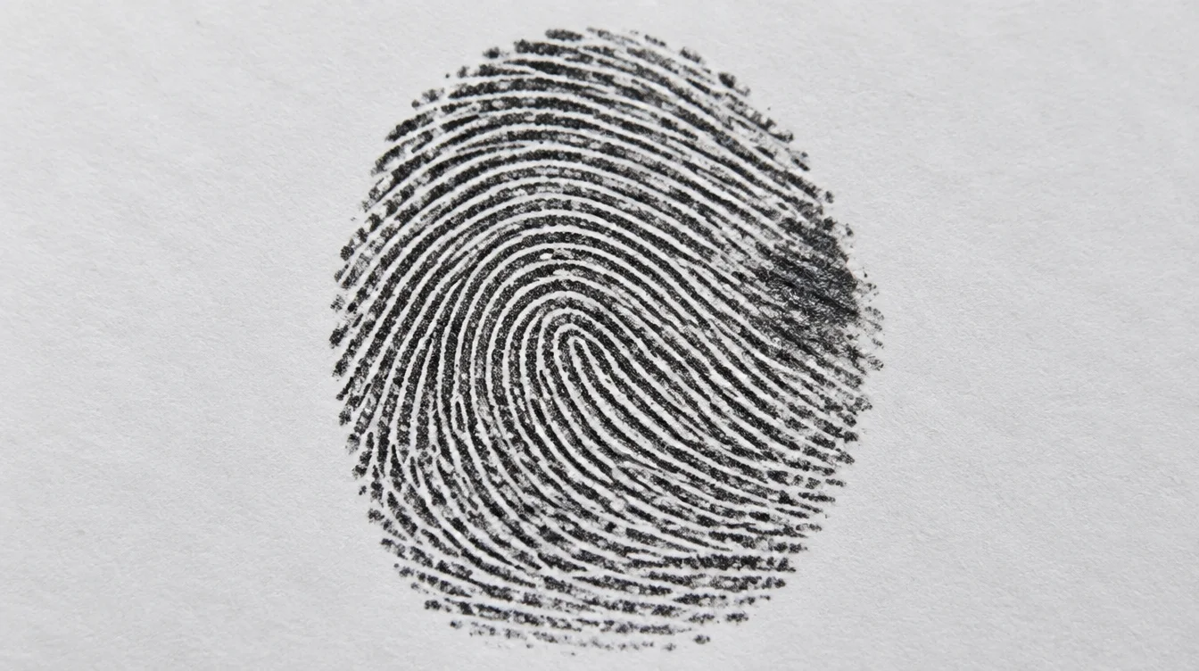 Ink fingerprint with clear central ridges and a small smudged patch near its edge