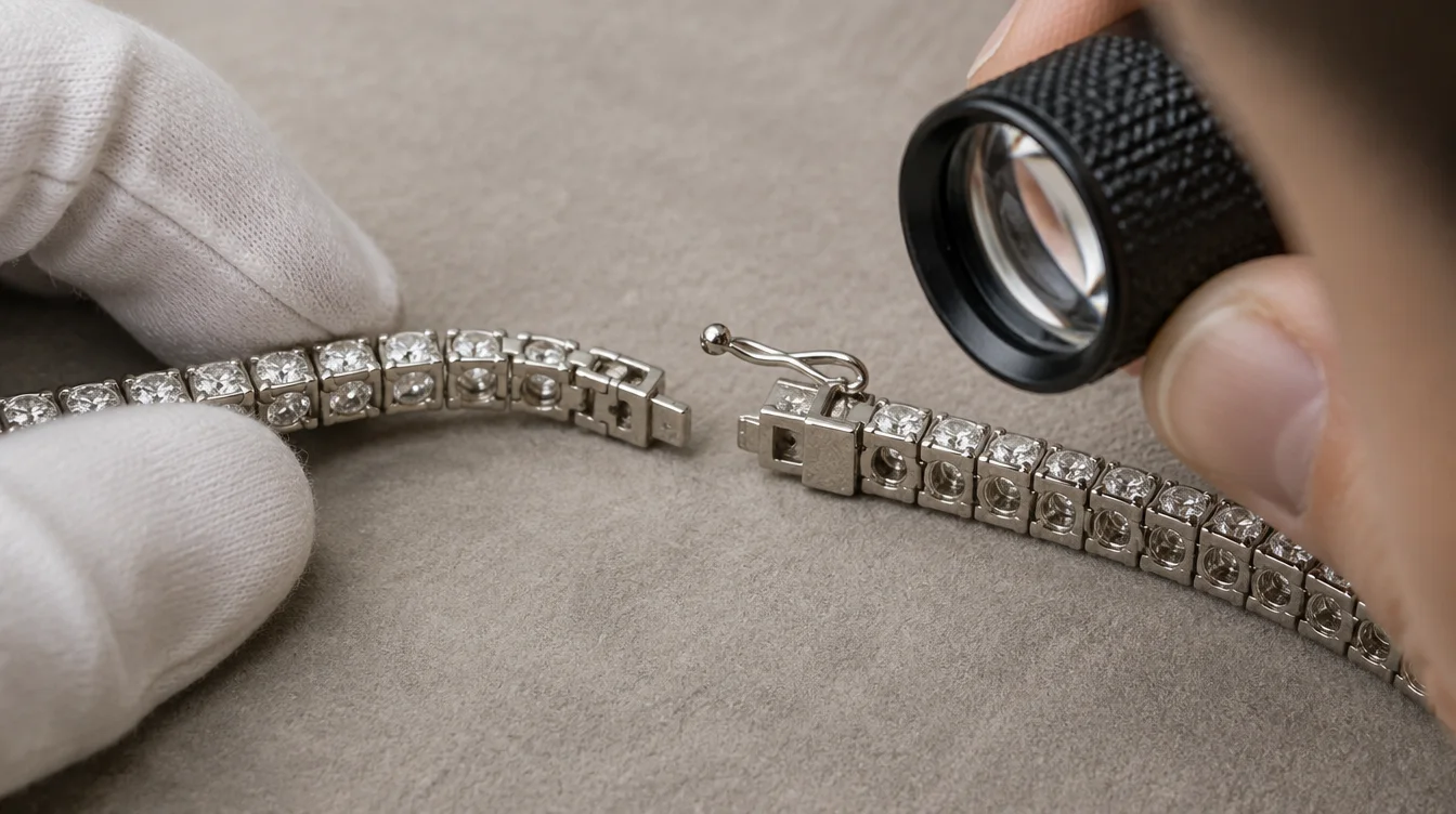 Jeweler inspects the underside links and open clasp connection of a diamond tennis bracelet.
