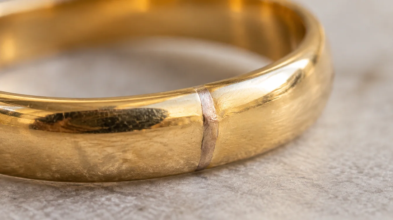Close-up of gold ring joint showing solder line with subtle color difference from surrounding metal
