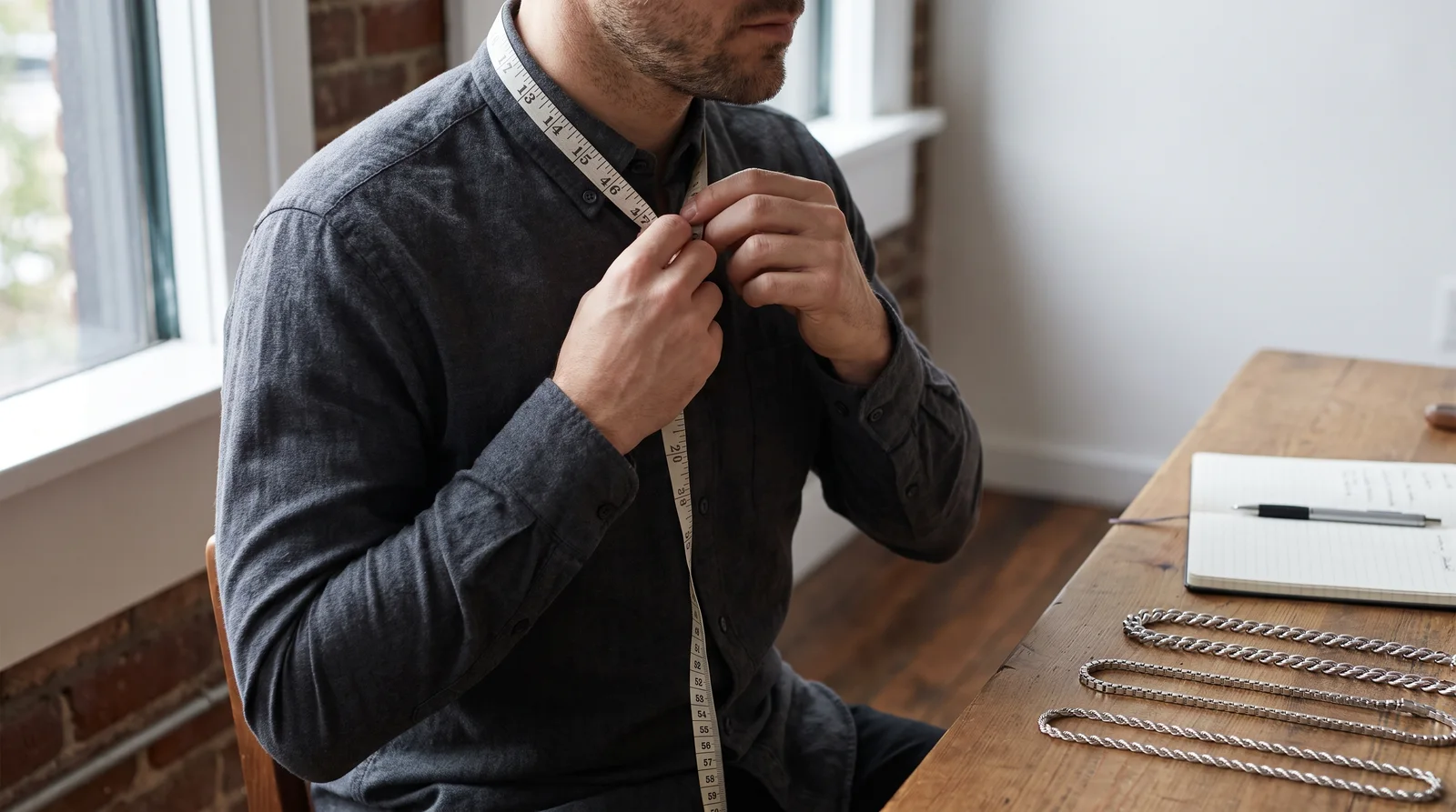Man measuring neck with tape measure for men's silver chain necklace guide to find correct length