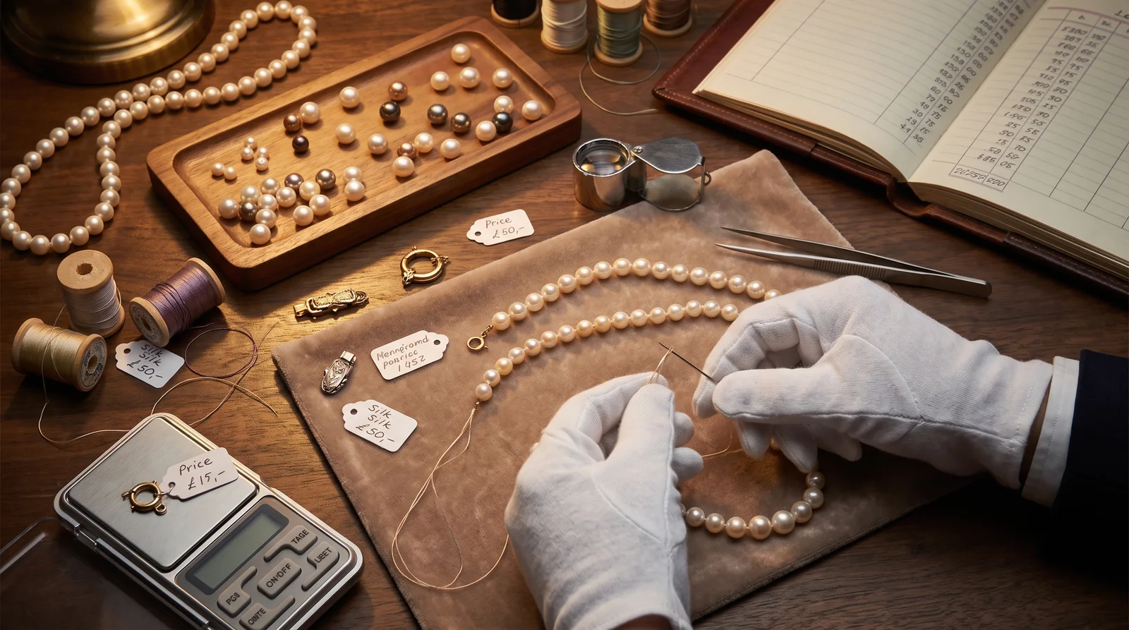 Hands working on pearl necklace restringing with silk thread and knots