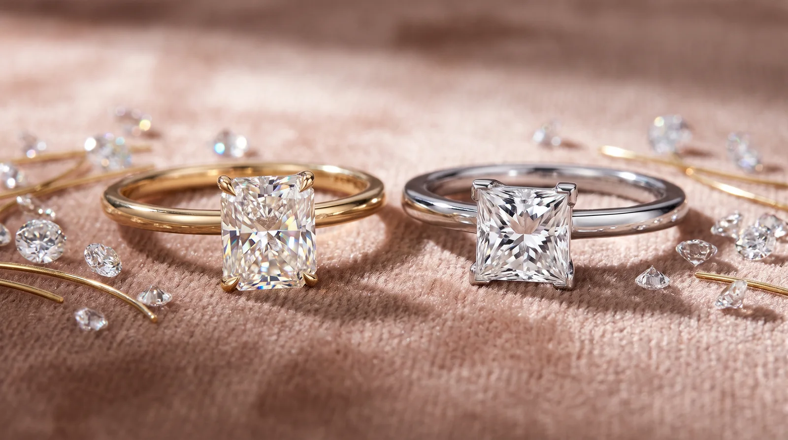 Radiant cut engagement rings next to princess cut diamonds, comparing sparkle and sharp edge shapes