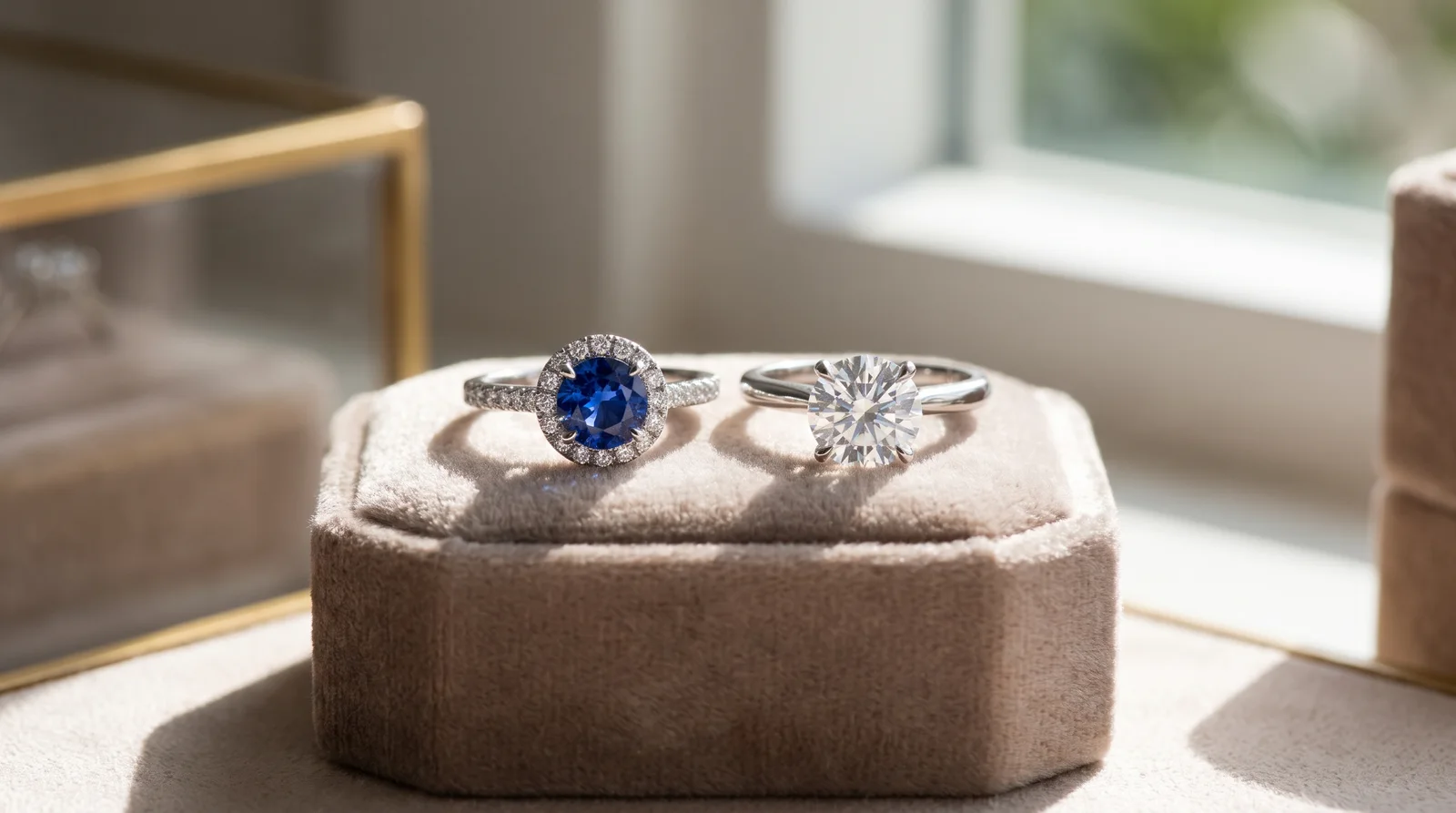 Halo and solitaire settings compared side by side, showing sapphire vs moissanite engagement ring options