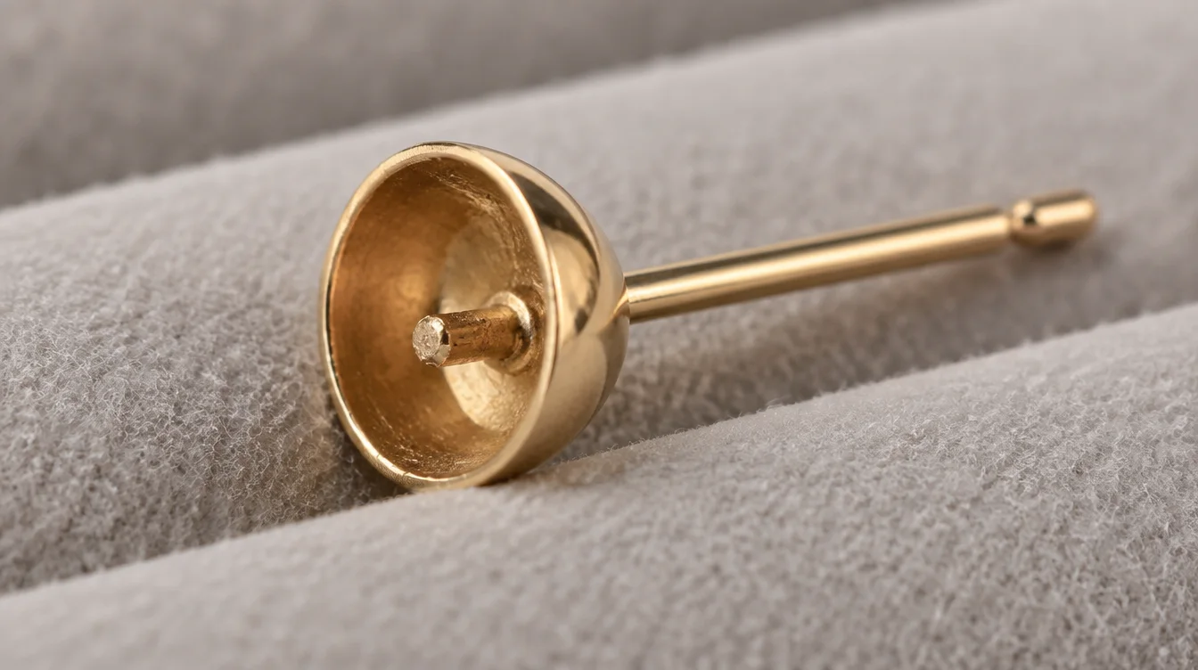 Side view of a pearl stud mounting with a broken peg inside its cup and an intact ear post behind it.
