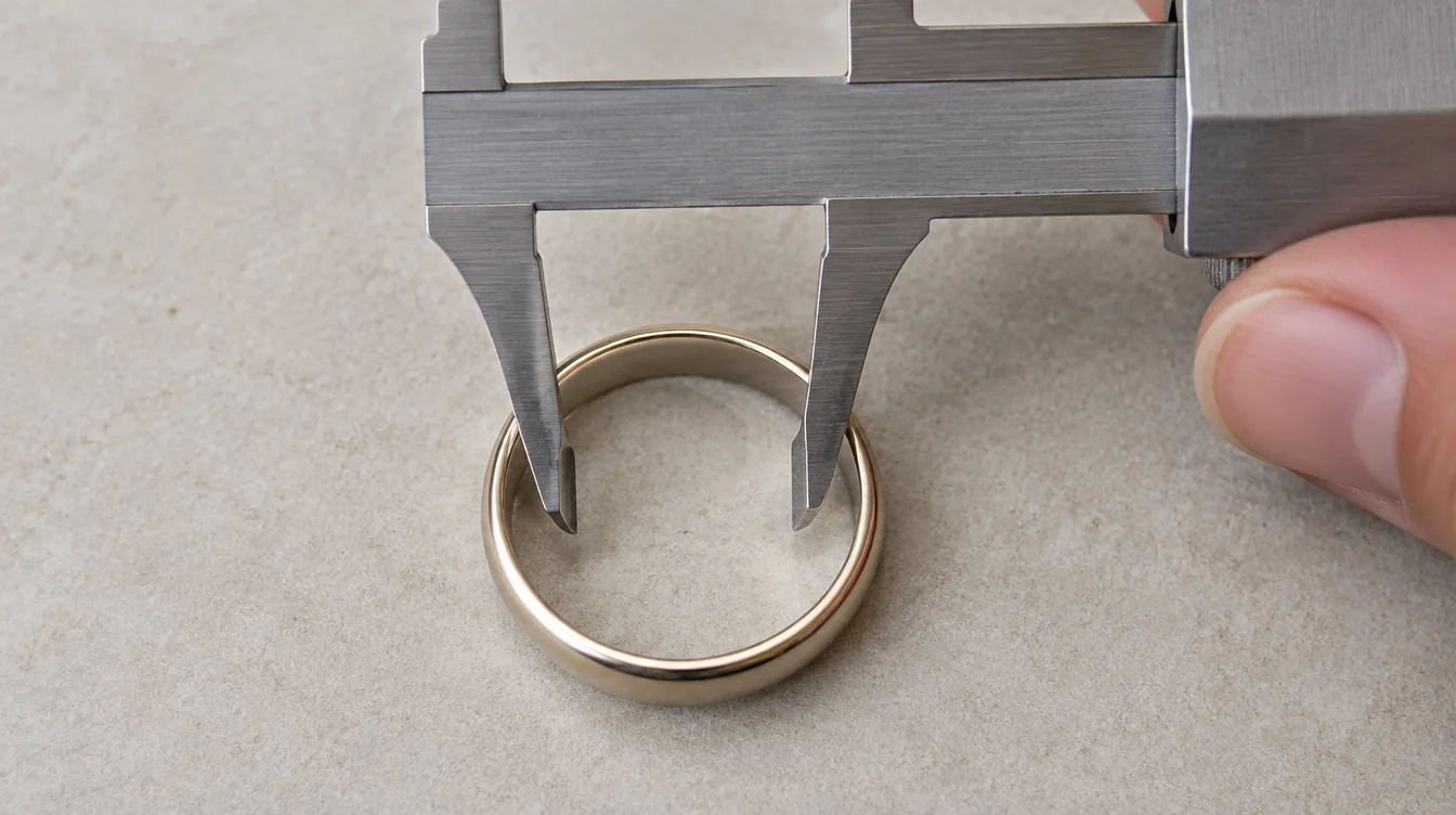 Caliper inside jaws touch opposite inner walls of a plain ring to measure its inner diameter.